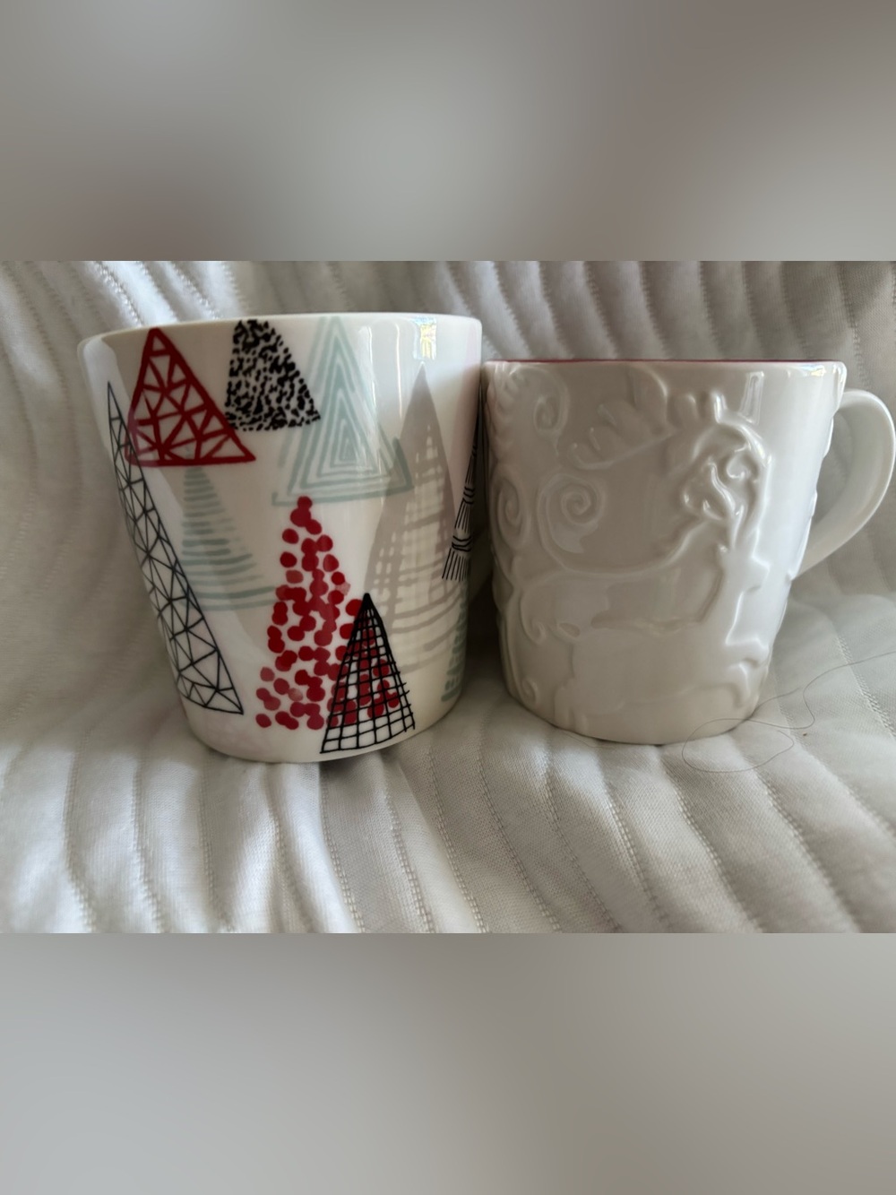 White Ceramic Holiday Tree Pattern Mug & Reindeer Pattern Mug both Starbucks